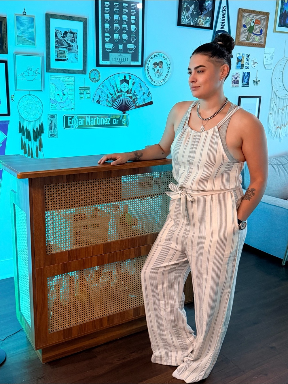 Pact Cream & Gray Striped Wide-Leg Jumpsuit